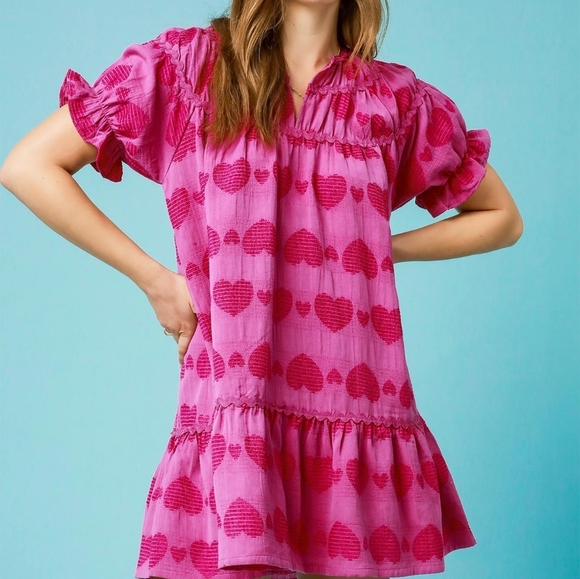 Umgee Heart Pattern Short Sleeve Ruffle Babydoll Dress - Picture 3 of 6